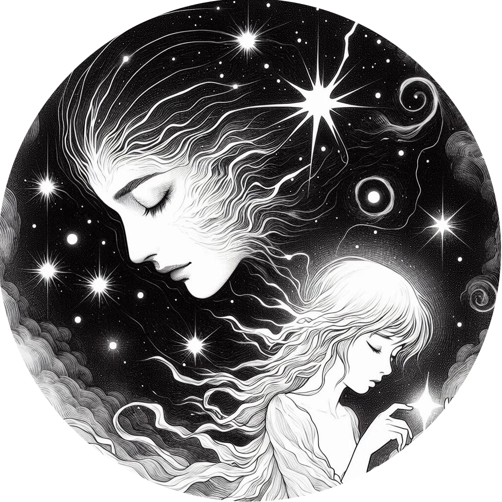 Black-and-white circular illustration of a celestial figure with long, flowing hair merging into a star-filled cosmic background. The figure holds a small glowing object, surrounded by swirling patterns and bright light sources, evoking a mystical and ethereal atmosphere.